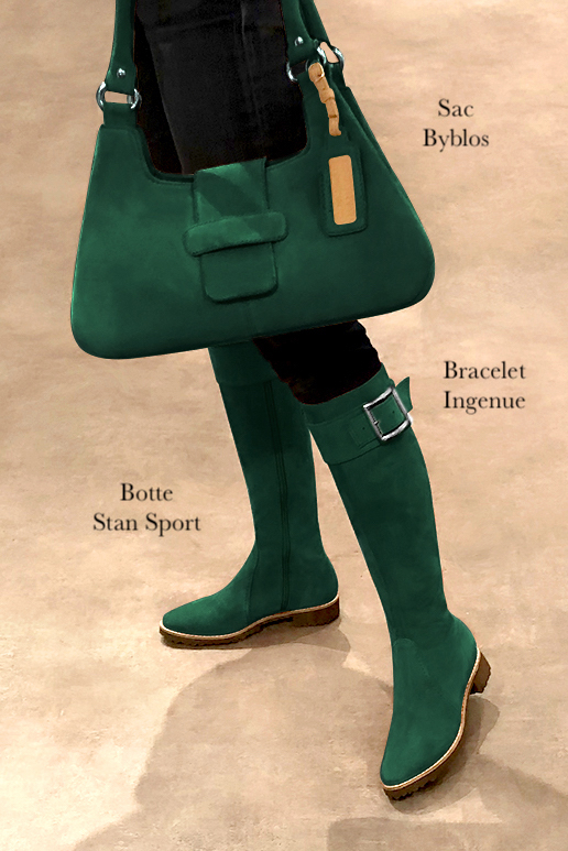 Forest green women's riding knee-high boots. Round toe. Flat rubber soles. Made to measure. Worn view - Florence KOOIJMAN